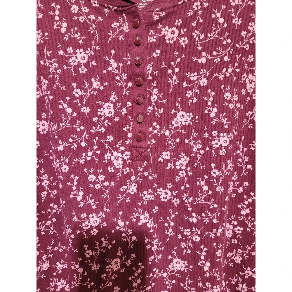 Just My Size Henley Top Womens 22/24W Burgundy Floral Ribbed‎ Long Sleeve